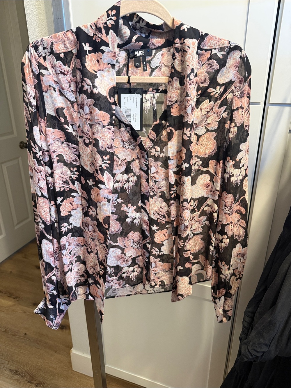 NWT PAIGE Silk Black Blush Floral Tie-Neck Long Sleeve Blouse